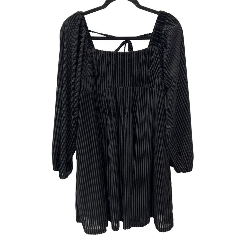 Striped Velvet Babydoll Dress Size Small Square Neck Puff Sleeve Tie Back Black